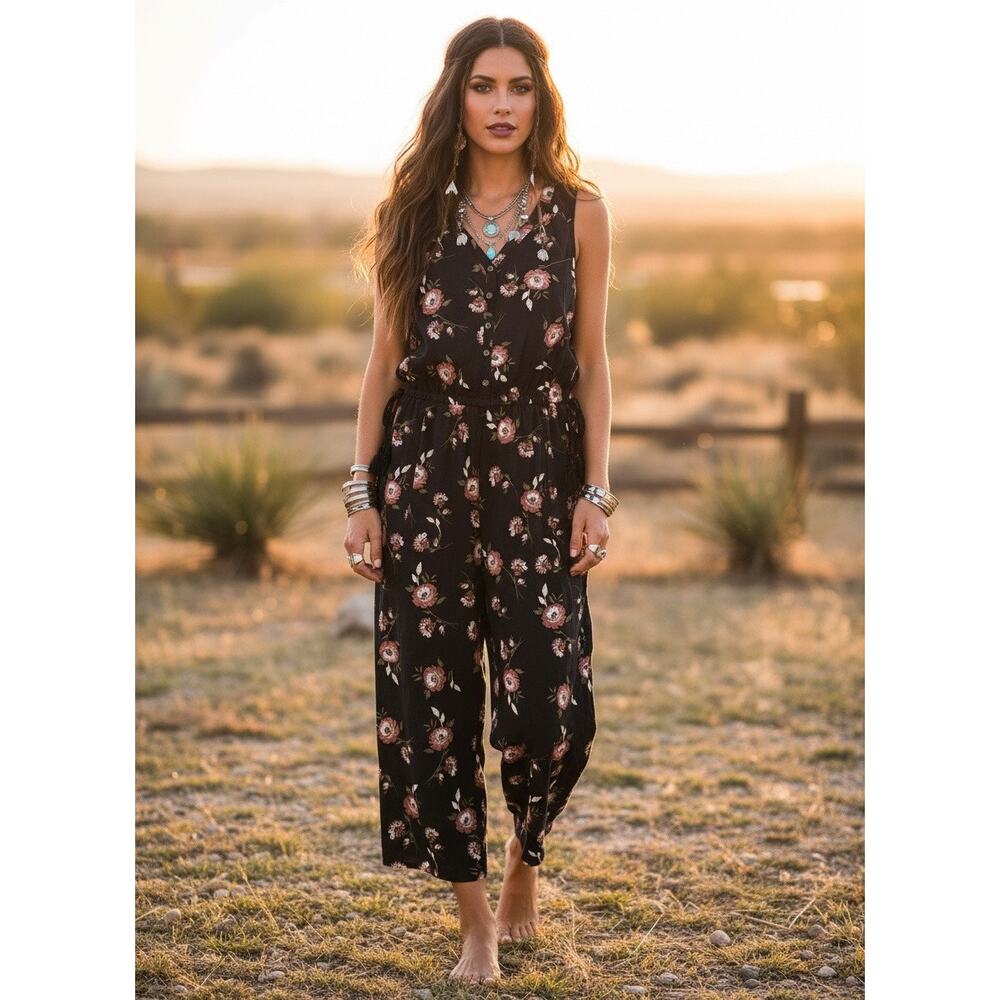 Sonoma Goods for Life Black Floral Rayon Jumpsuit